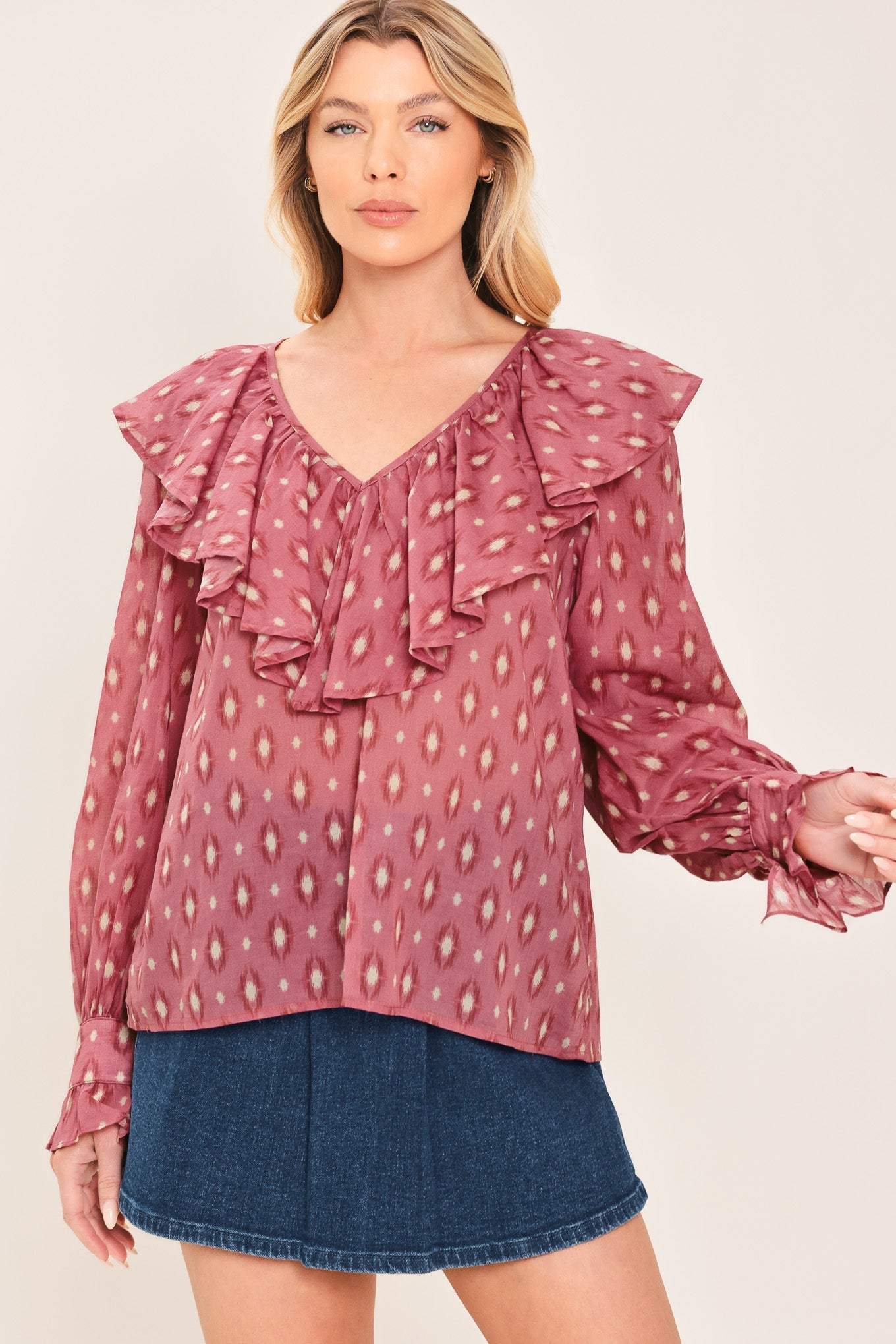 ROSE IKAT RUFFLE WOVEN TOP