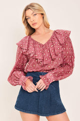 ROSE IKAT RUFFLE WOVEN TOP