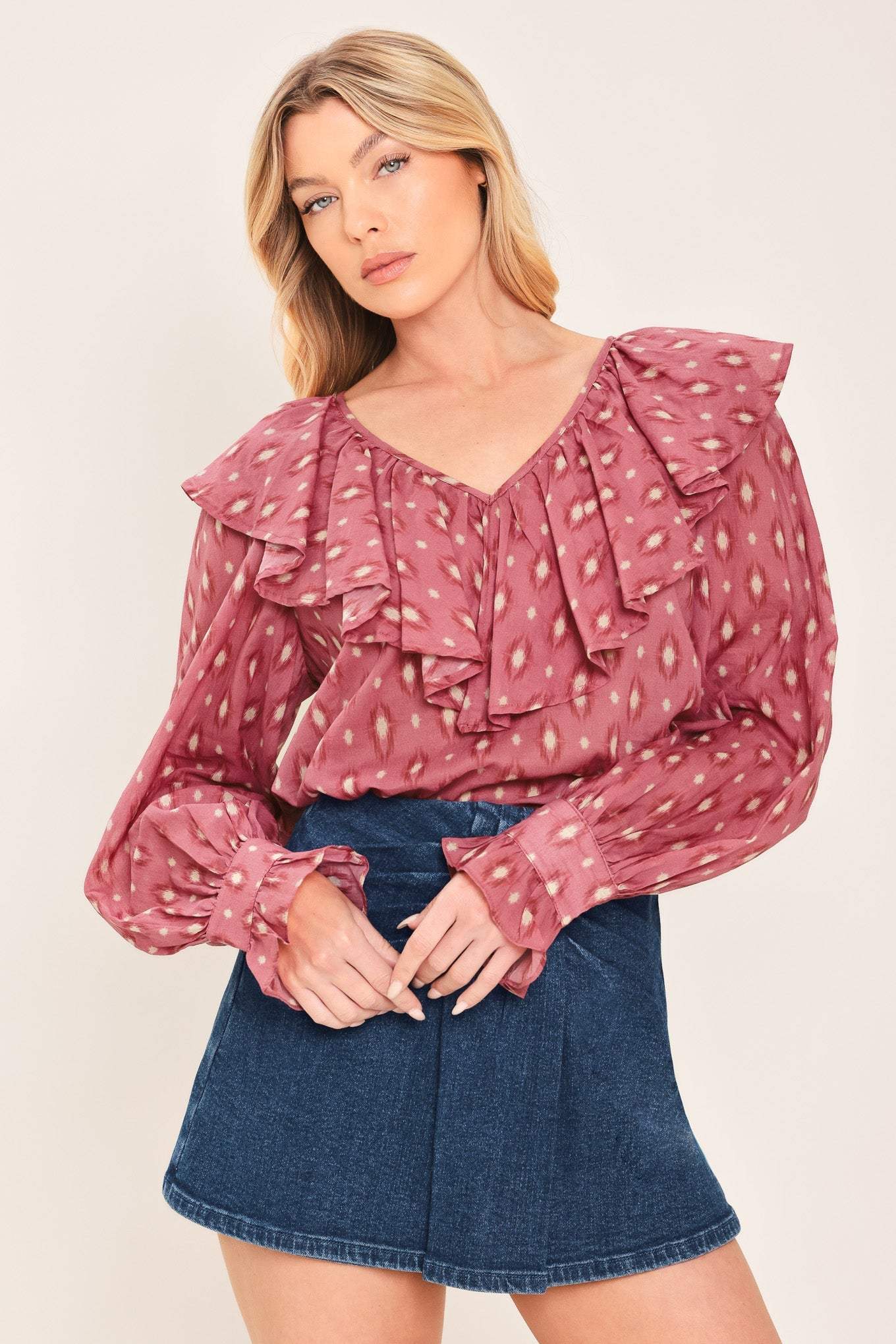 ROSE IKAT RUFFLE WOVEN TOP