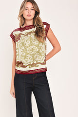 VINTAGE VINE BURGUNDY PRINTED WIDE-NECK TOP - Flying Tomato - Flyclothing LLC
