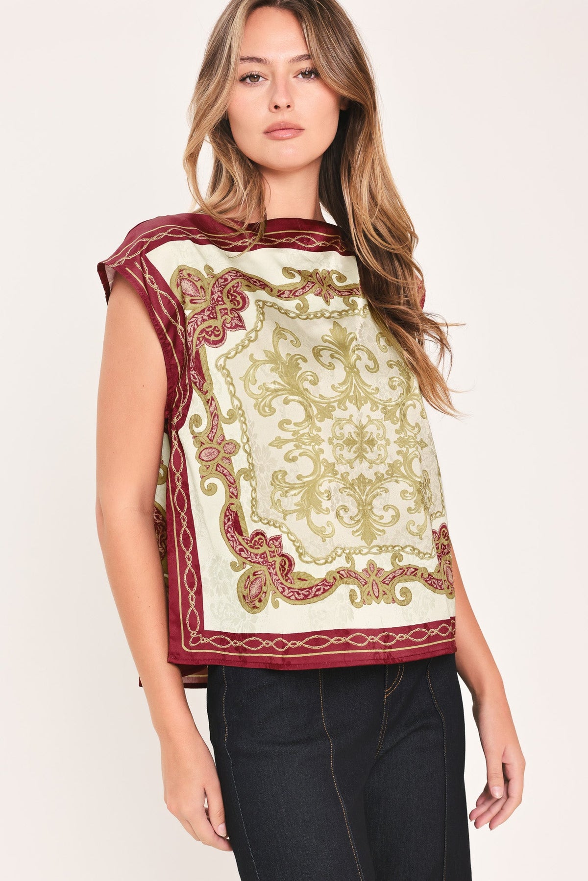 VINTAGE VINE BURGUNDY PRINTED WIDE-NECK TOP - Flying Tomato - Flyclothing LLC