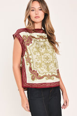 VINTAGE VINE BURGUNDY PRINTED WIDE-NECK TOP - Flying Tomato - Flyclothing LLC