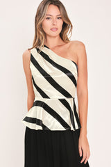 MONOCHROME MOMENT SATIN ONE-SHOULDER PEPLUM TOP