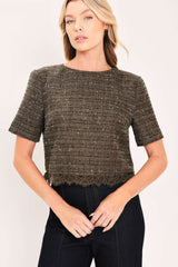 DARK CHAMPAGNE SPARK WOVEN TWEED TOP