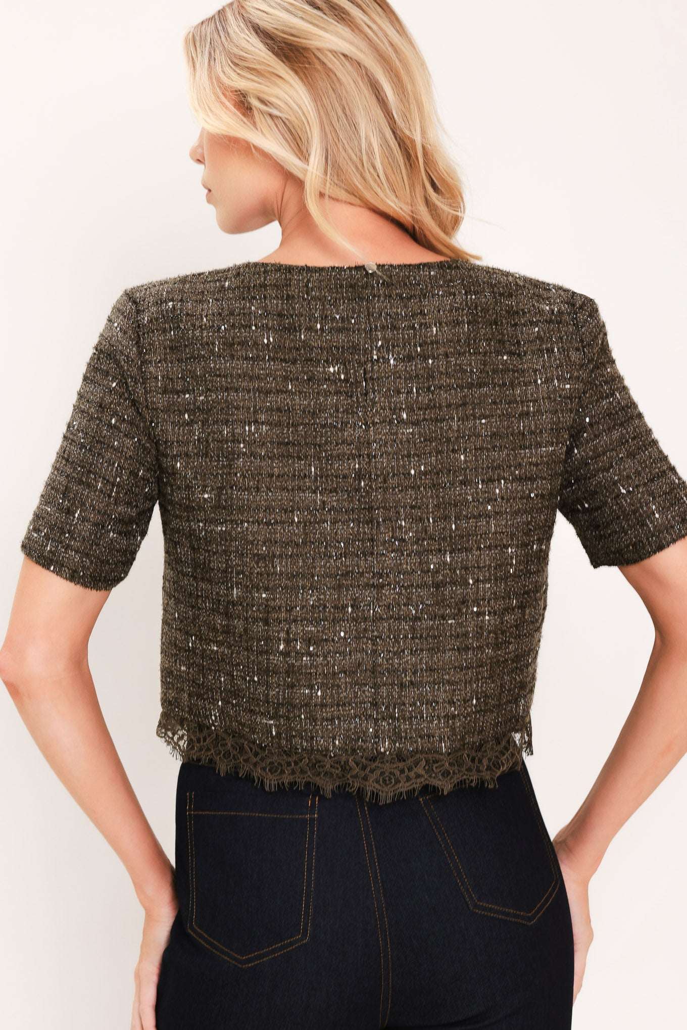 DARK CHAMPAGNE SPARK WOVEN TWEED TOP