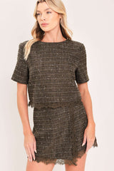 DARK CHAMPAGNE SPARK WOVEN TWEED TOP