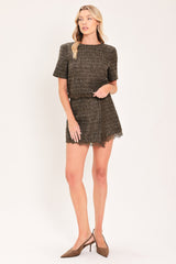 DARK CHAMPAGNE SPARK WOVEN TWEED TOP