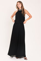 JEWEL HOUR BLACK EMBELLISHED HALTER & WIDE-LEG PANTS SET