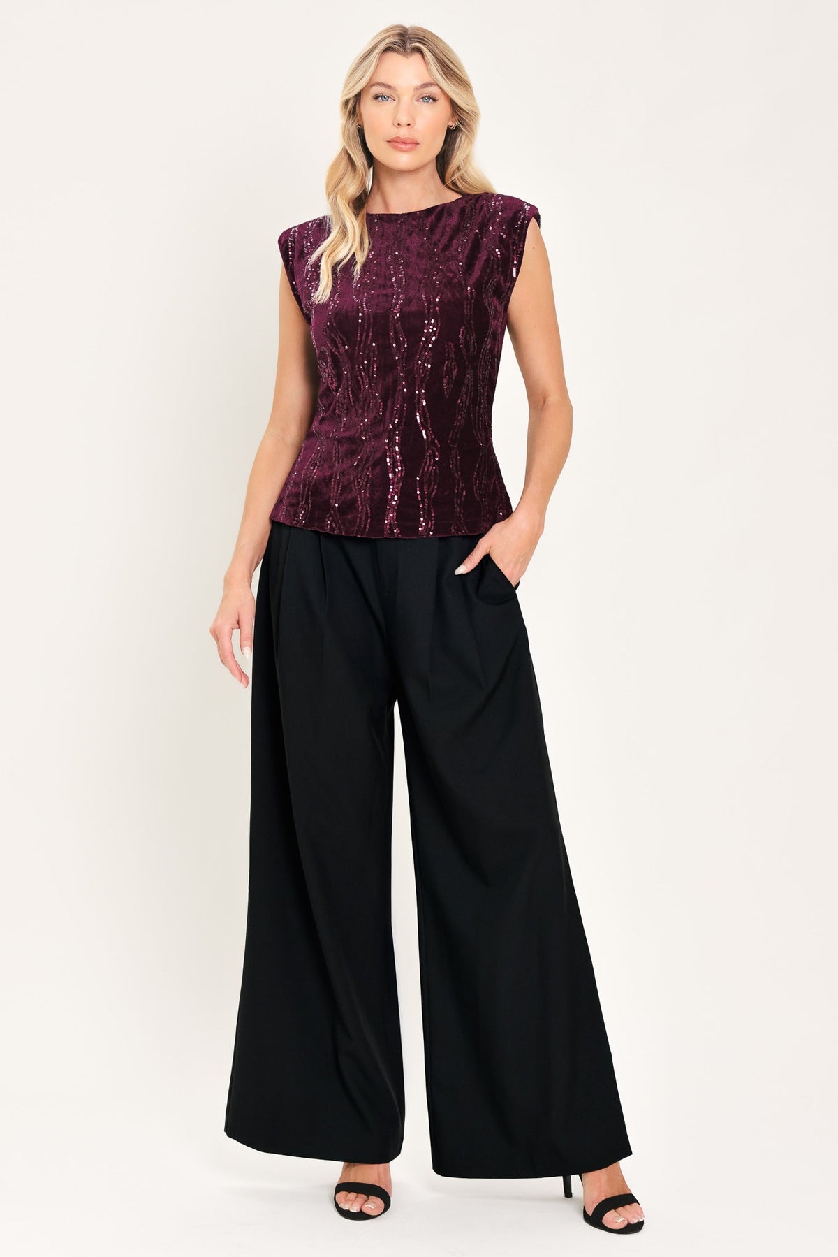 BURGUNDY SPARK BURGUNDY SEQUIN VELVET PADDED-SHOULDER TOP - Flying Tomato - Flyclothing LLC