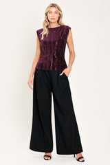 BURGUNDY SPARK BURGUNDY SEQUIN VELVET PADDED-SHOULDER TOP - Flying Tomato - Flyclothing LLC