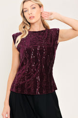 BURGUNDY SPARK BURGUNDY SEQUIN VELVET PADDED-SHOULDER TOP - Flying Tomato - Flyclothing LLC