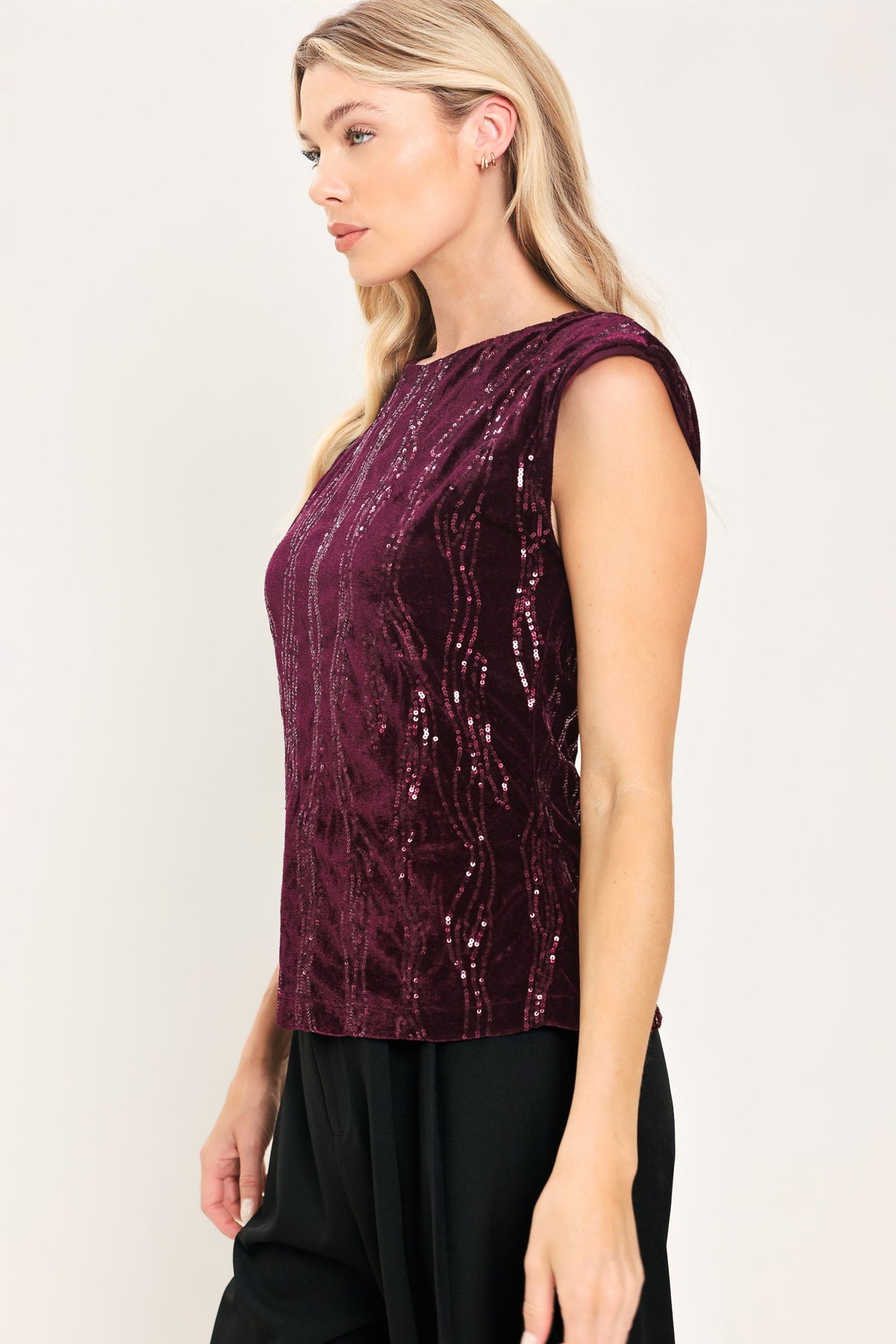 BURGUNDY SPARK BURGUNDY SEQUIN VELVET PADDED-SHOULDER TOP - Flying Tomato - Flyclothing LLC