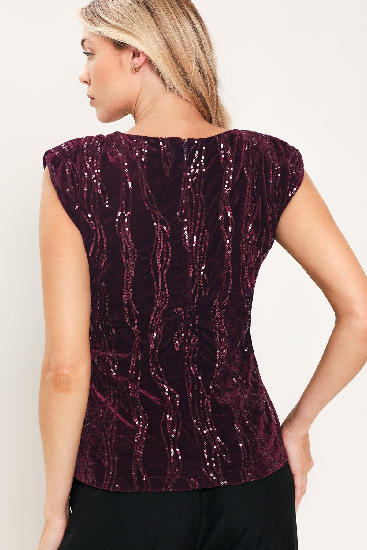 BURGUNDY SPARK BURGUNDY SEQUIN VELVET PADDED-SHOULDER TOP - Flying Tomato - Flyclothing LLC