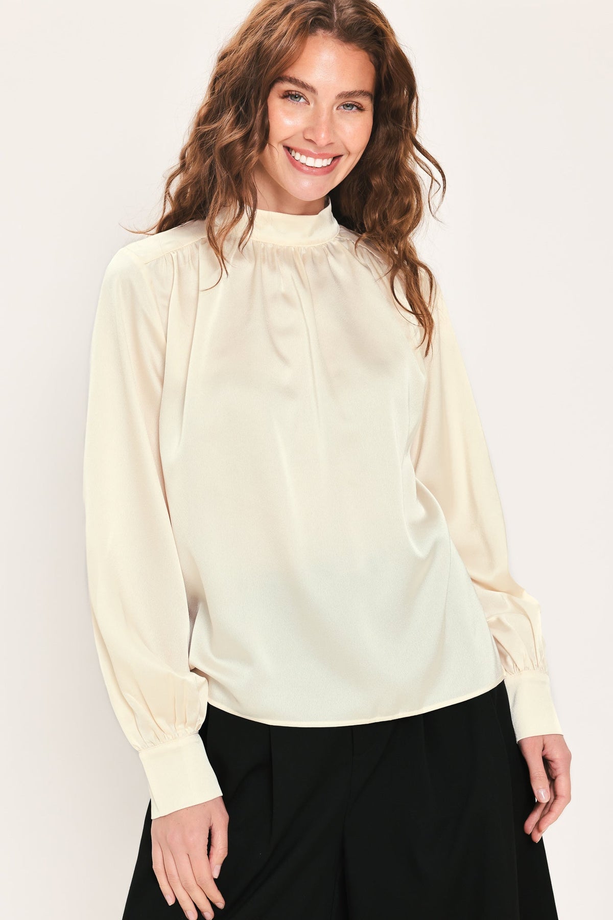 CREAM REFINED HIGH-NECK BLOUSON-SLEEVE TOP - Flying Tomato - Flyclothing LLC
