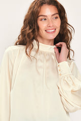 CREAM REFINED HIGH-NECK BLOUSON-SLEEVE TOP - Flying Tomato - Flyclothing LLC