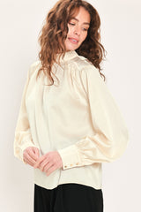 CREAM REFINED HIGH-NECK BLOUSON-SLEEVE TOP - Flying Tomato - Flyclothing LLC