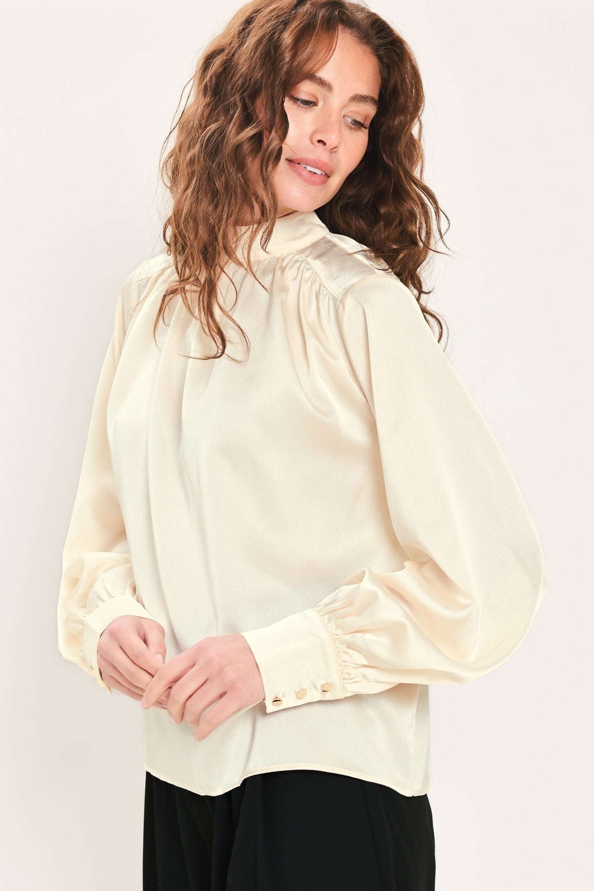 CREAM REFINED HIGH-NECK BLOUSON-SLEEVE TOP - Flying Tomato - Flyclothing LLC
