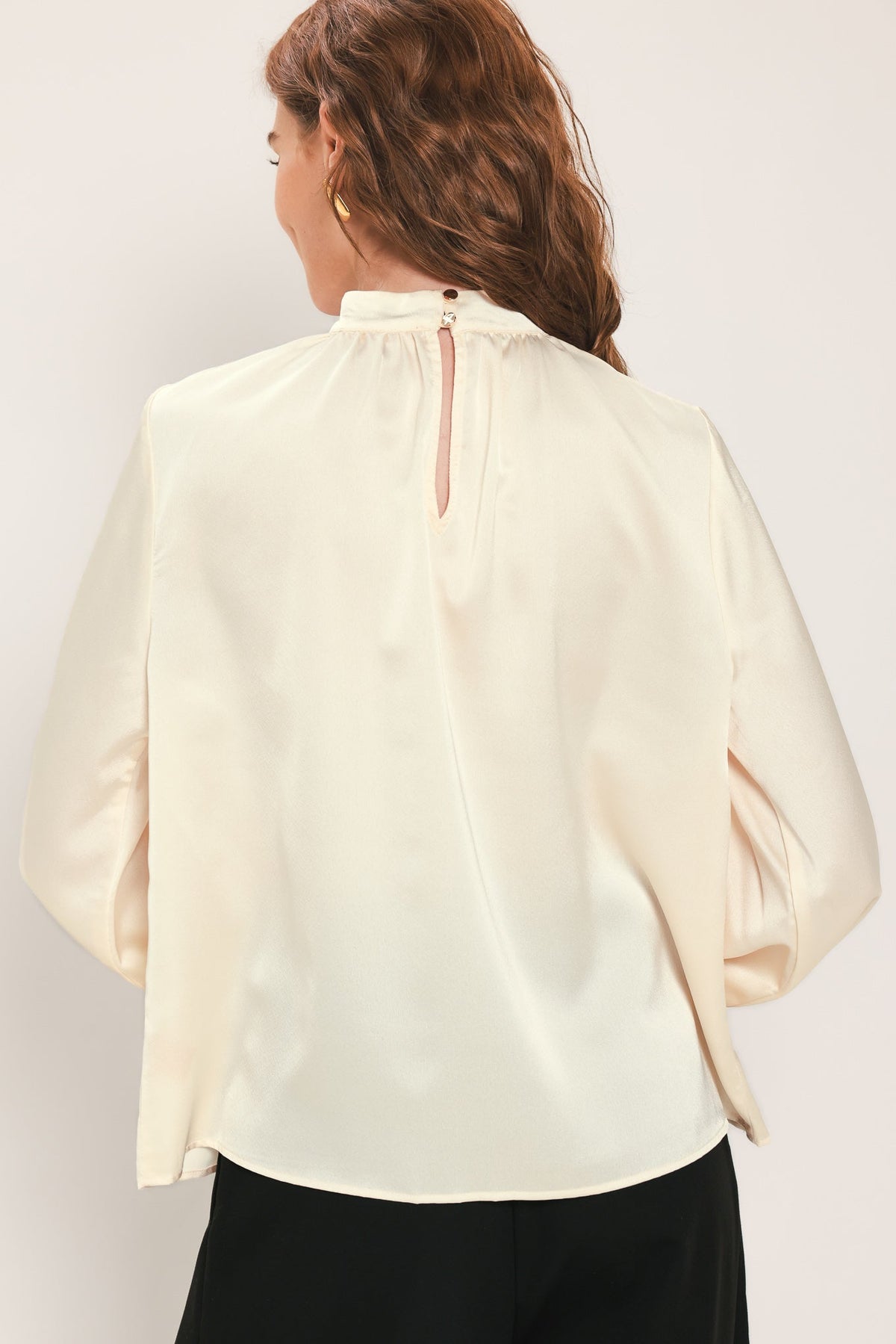 CREAM REFINED HIGH-NECK BLOUSON-SLEEVE TOP - Flying Tomato - Flyclothing LLC