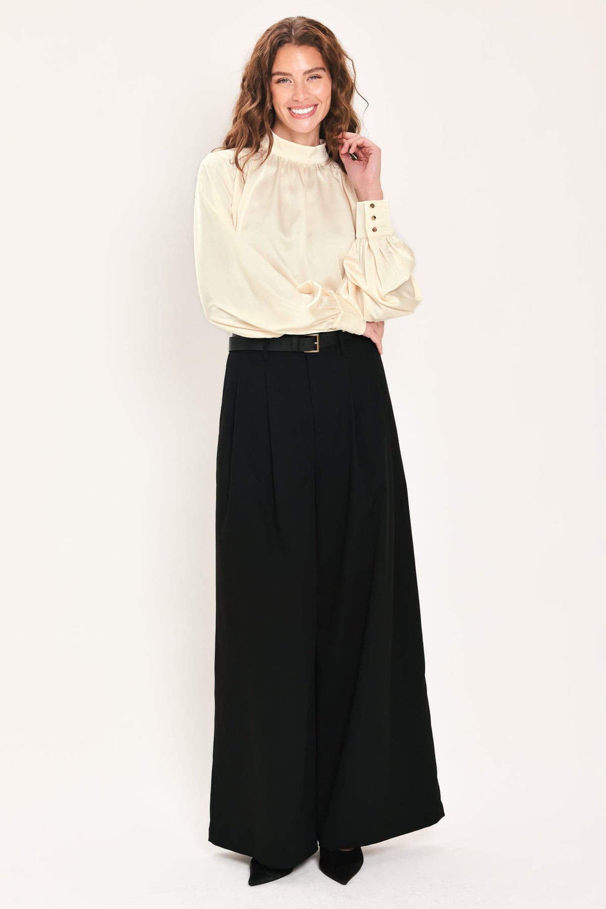 CREAM REFINED HIGH-NECK BLOUSON-SLEEVE TOP - Flying Tomato - Flyclothing LLC