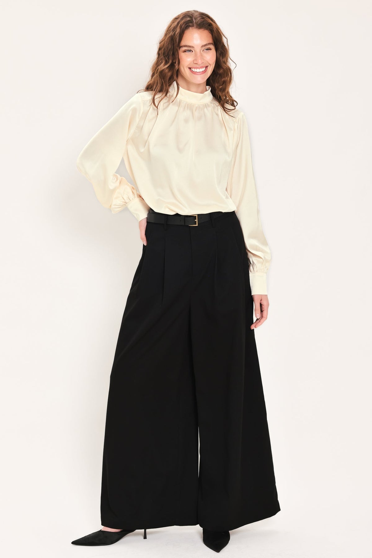 CREAM REFINED HIGH-NECK BLOUSON-SLEEVE TOP - Flying Tomato - Flyclothing LLC
