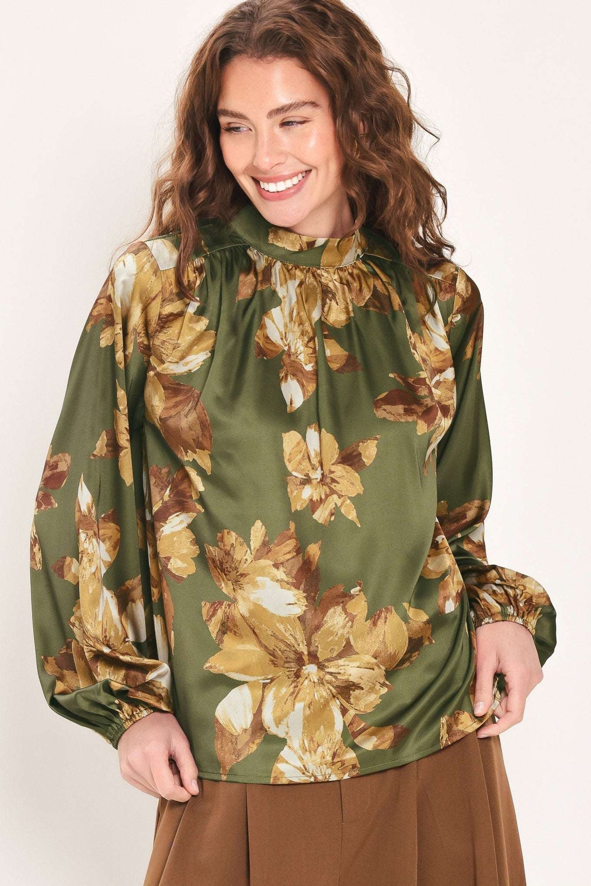 OLIVE ALLURE PRINTED HIGH-NECK BLOUSON-SLEEVE TOP - Flying Tomato - Flyclothing LLC