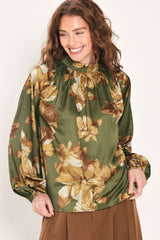 OLIVE ALLURE PRINTED HIGH-NECK BLOUSON-SLEEVE TOP - Flying Tomato - Flyclothing LLC