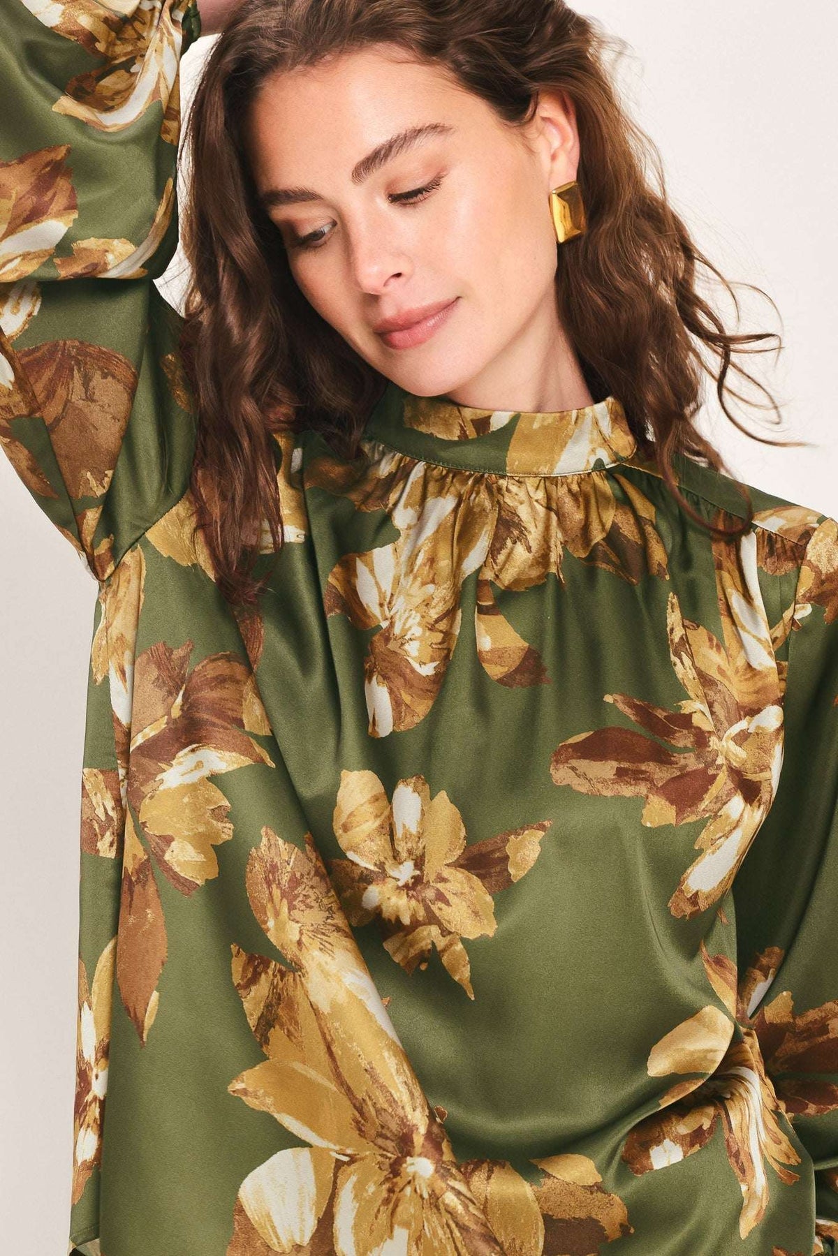 OLIVE ALLURE PRINTED HIGH-NECK BLOUSON-SLEEVE TOP - Flying Tomato - Flyclothing LLC