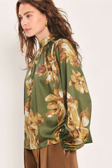 OLIVE ALLURE PRINTED HIGH-NECK BLOUSON-SLEEVE TOP - Flying Tomato - Flyclothing LLC