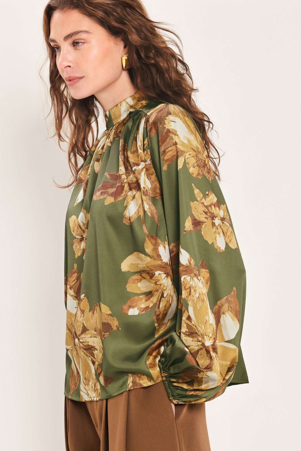 OLIVE ALLURE PRINTED HIGH-NECK BLOUSON-SLEEVE TOP - Flying Tomato - Flyclothing LLC