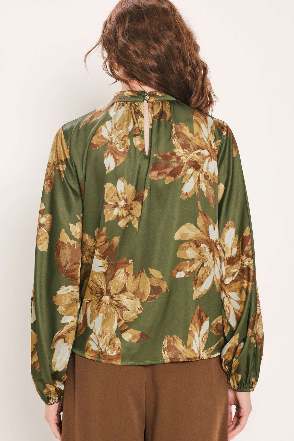 OLIVE ALLURE PRINTED HIGH-NECK BLOUSON-SLEEVE TOP - Flying Tomato - Flyclothing LLC