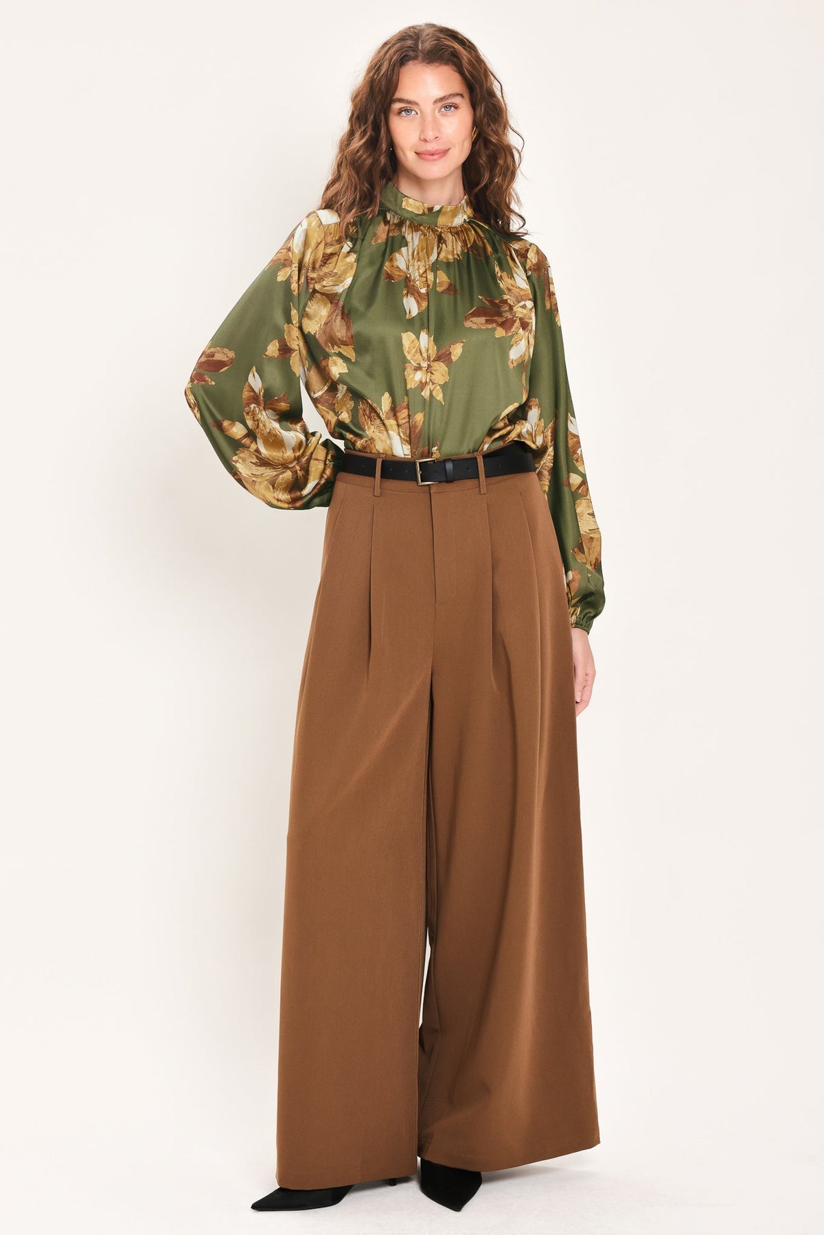 OLIVE ALLURE PRINTED HIGH-NECK BLOUSON-SLEEVE TOP - Flying Tomato - Flyclothing LLC