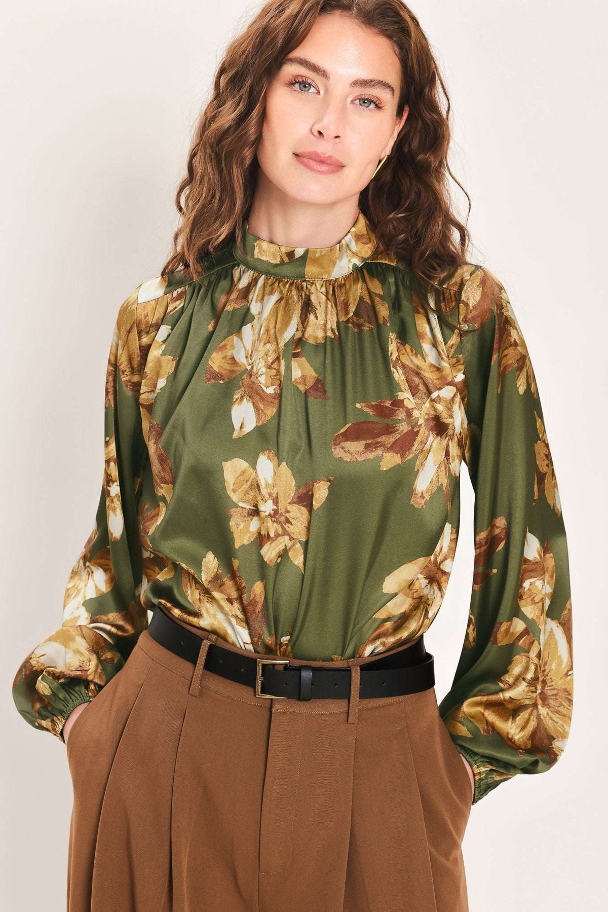 OLIVE ALLURE PRINTED HIGH-NECK BLOUSON-SLEEVE TOP - Flying Tomato - Flyclothing LLC