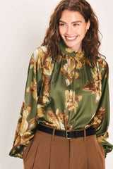 OLIVE ALLURE PRINTED HIGH-NECK BLOUSON-SLEEVE TOP - Flying Tomato - Flyclothing LLC