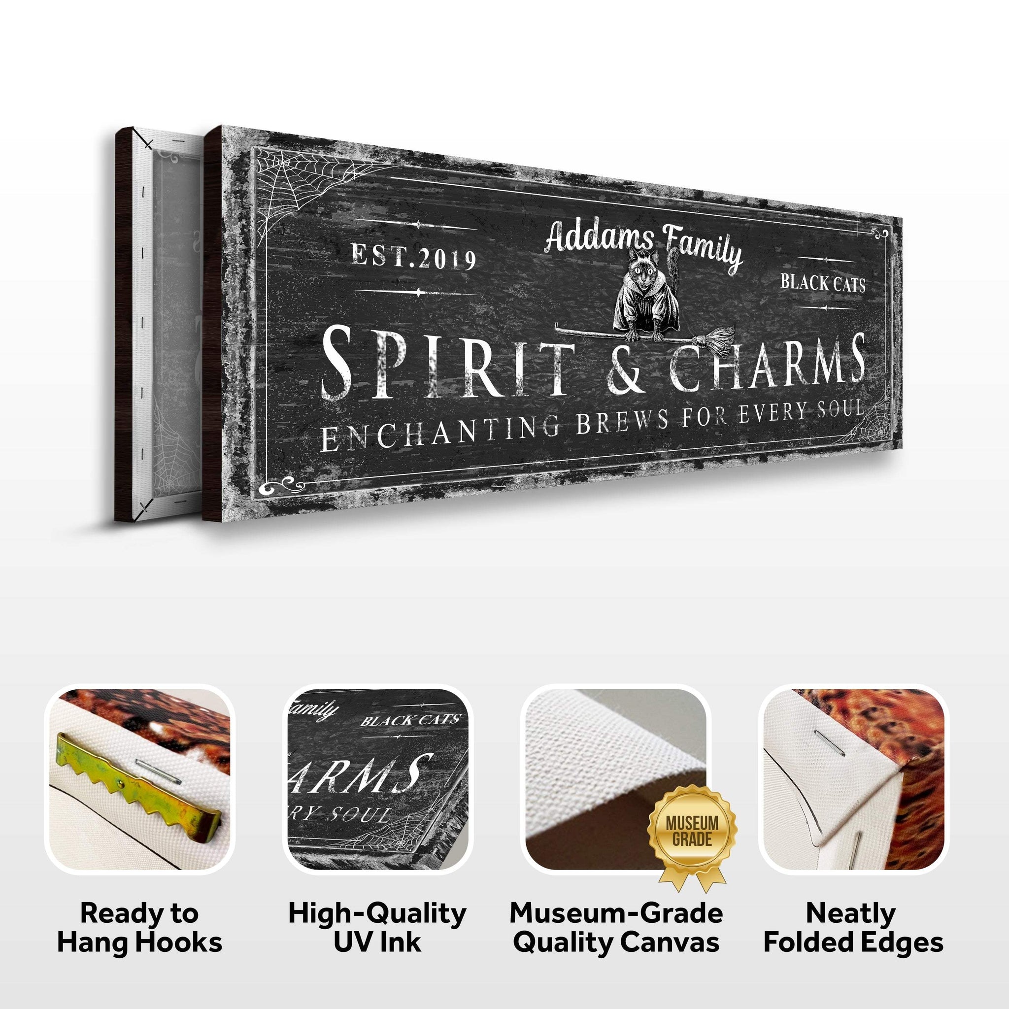 Black Cat’s Spirits & Charms Bar Halloween Sign - Tailored Canvases - Flyclothing LLC