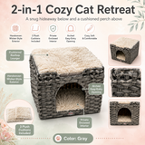 Huntley Pet Cat House, 2 Cushion Bed, Gray