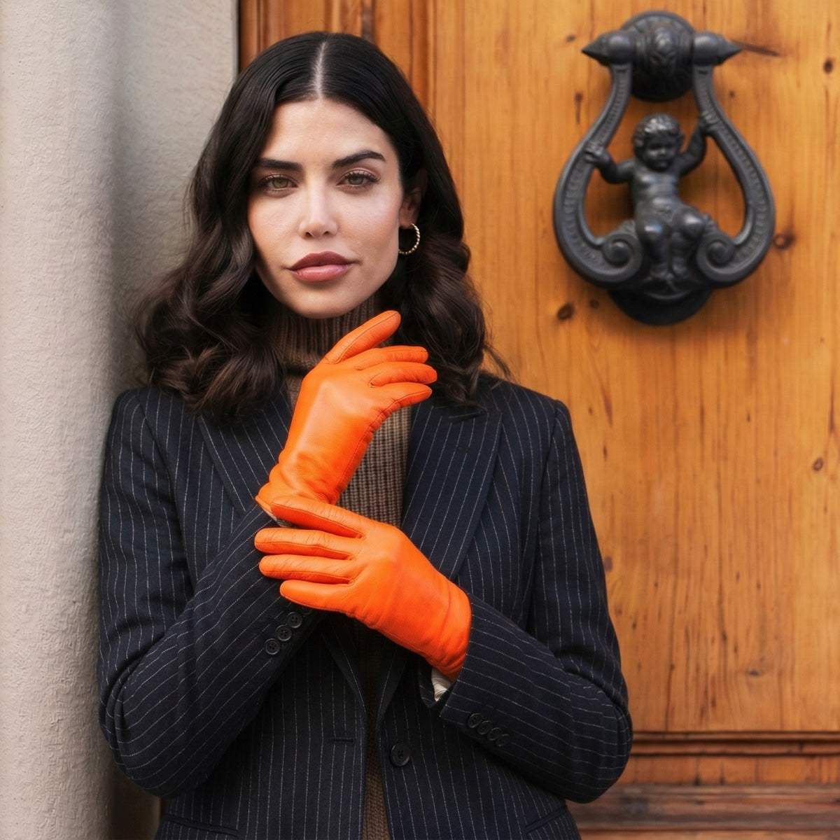 Isabella (orange) - Italian lambskin leather gloves with luxurious cashmere lining