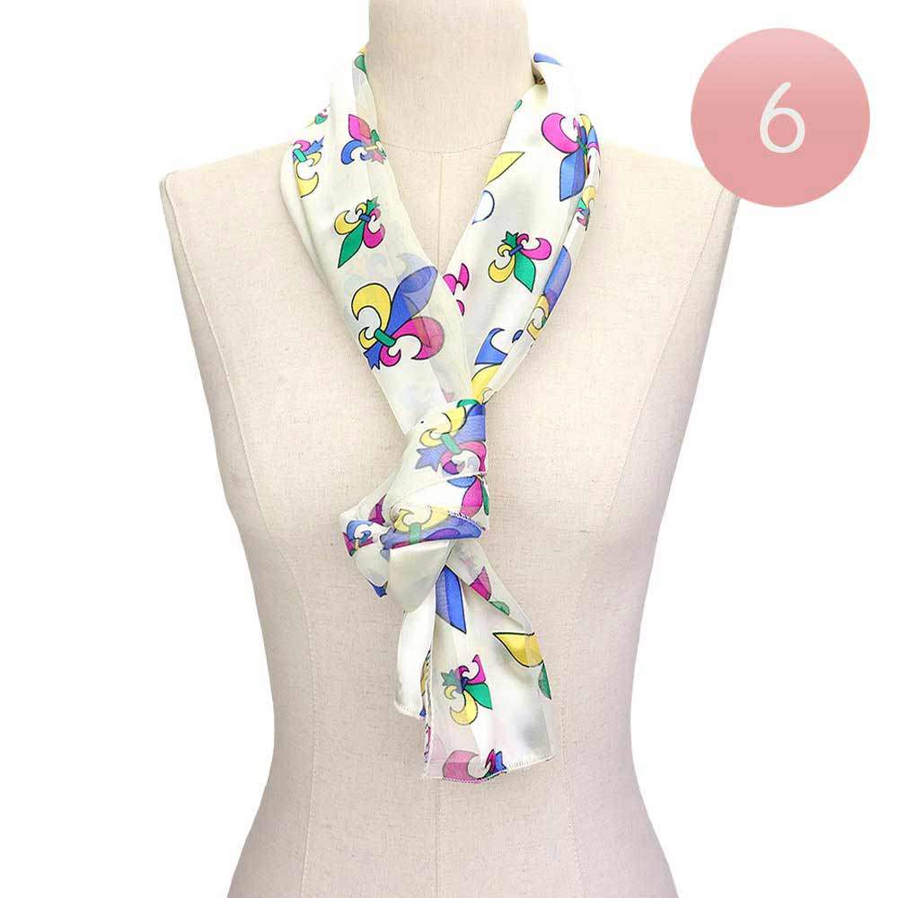 6PCS Silk Satin Mardi Gras Fleur de Lis Patterned Scarves - Madeline Love - Flyclothing LLC
