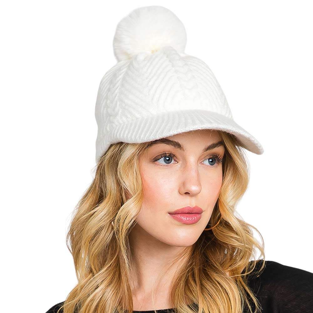 Chevron Patterned Faux Fur Pom Pom Knit Cap - Madeline Love - Flyclothing LLC