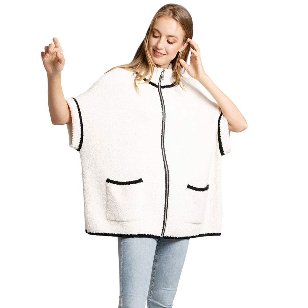 Colored Edge Front Pockets Zipper Cape Ruana Jacket - Madeline Love - Flyclothing LLC