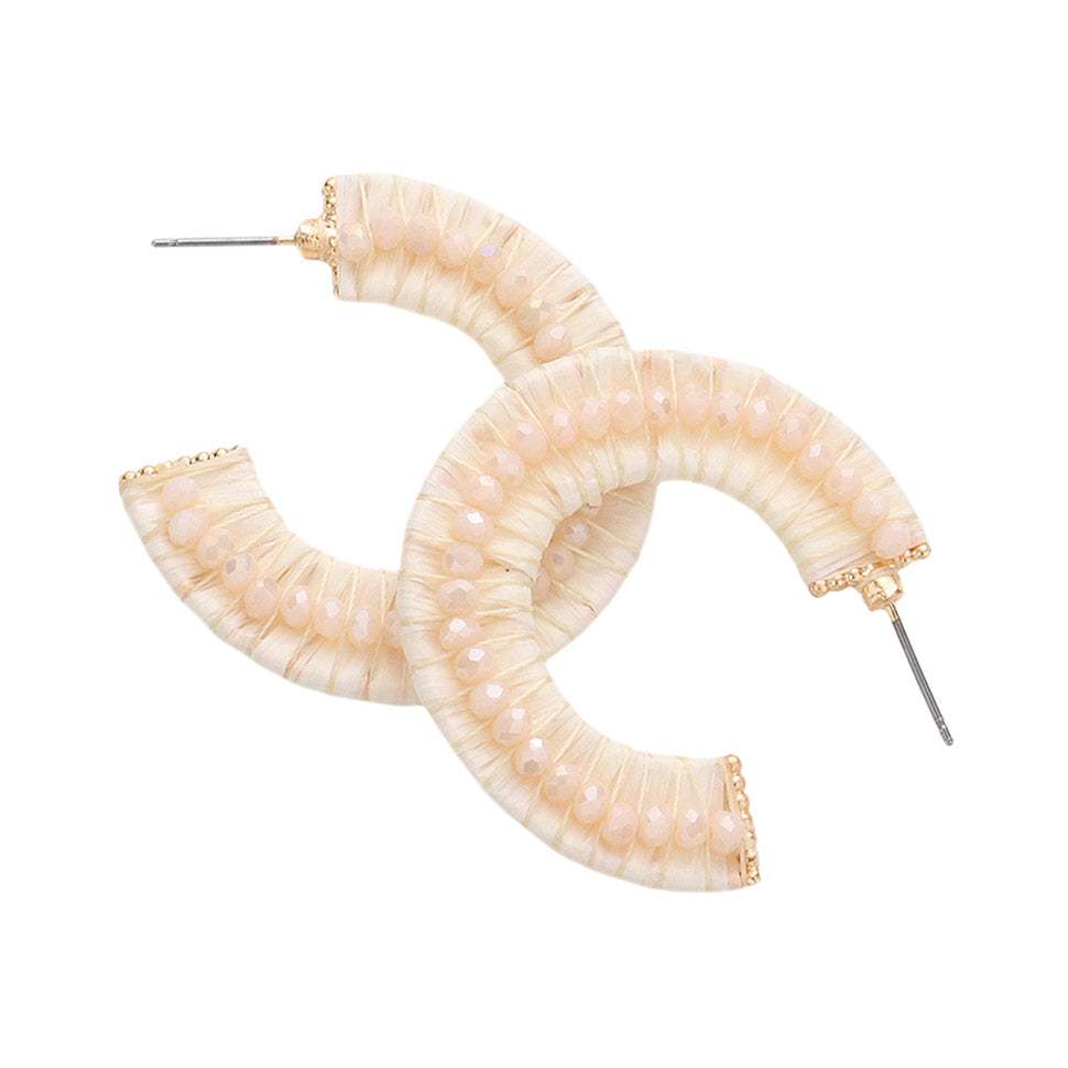 Faceted Bead Embellished Raffia Wrapped Hoop Earrings - Madeline Love - Flyclothing LLC