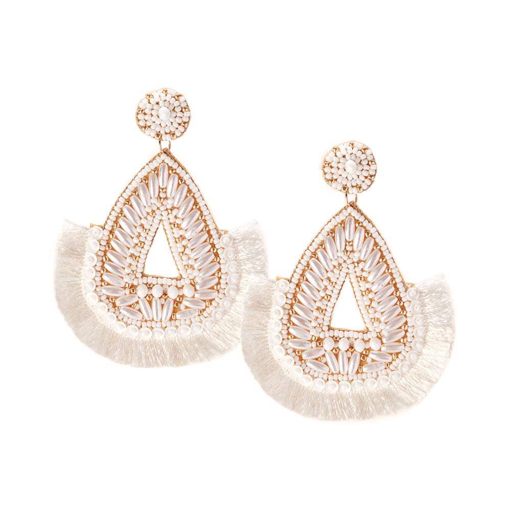 Felt Back Beaded Teardrop Thread Fringe Dangle Earrings - Madeline Love - Flyclothing LLC