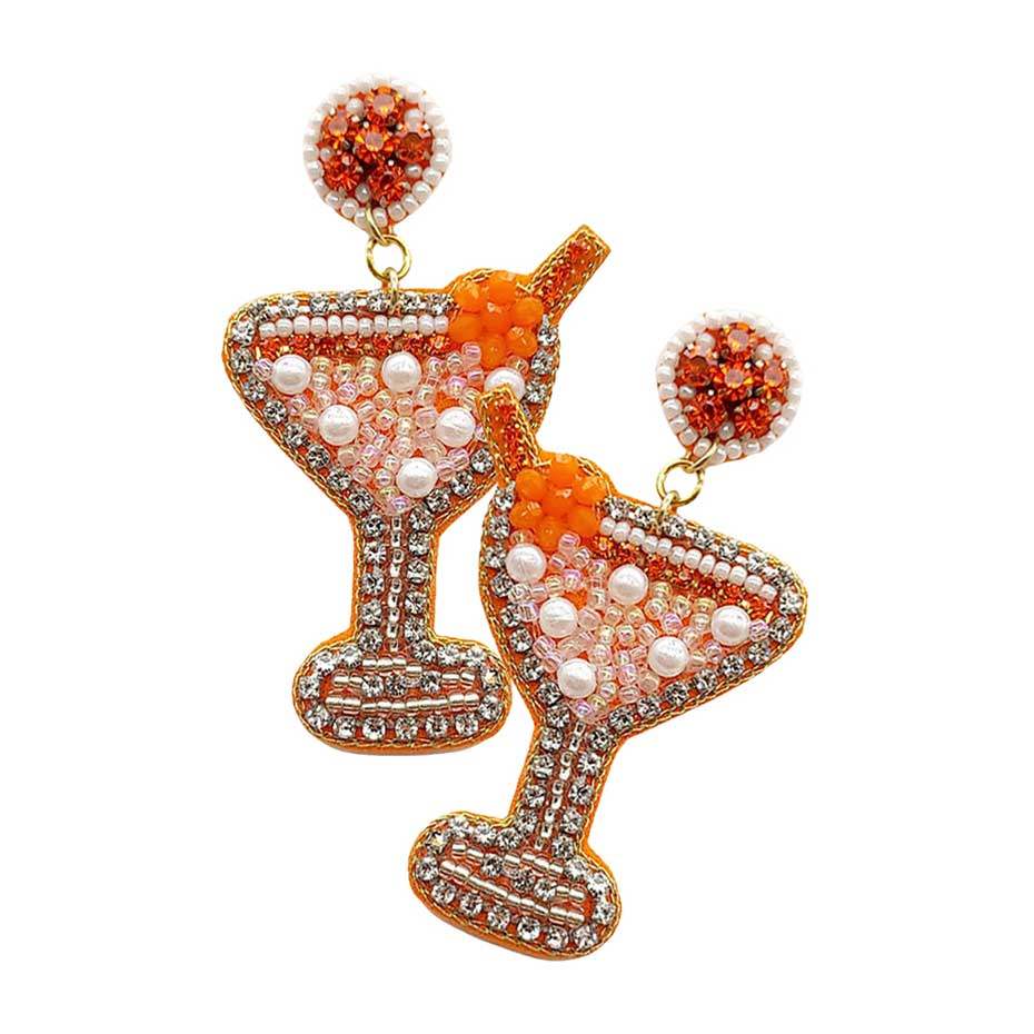 Felt Back Martini Rhinestone Pearl Beads Dangle Earrings - Madeline Love - Flyclothing LLC