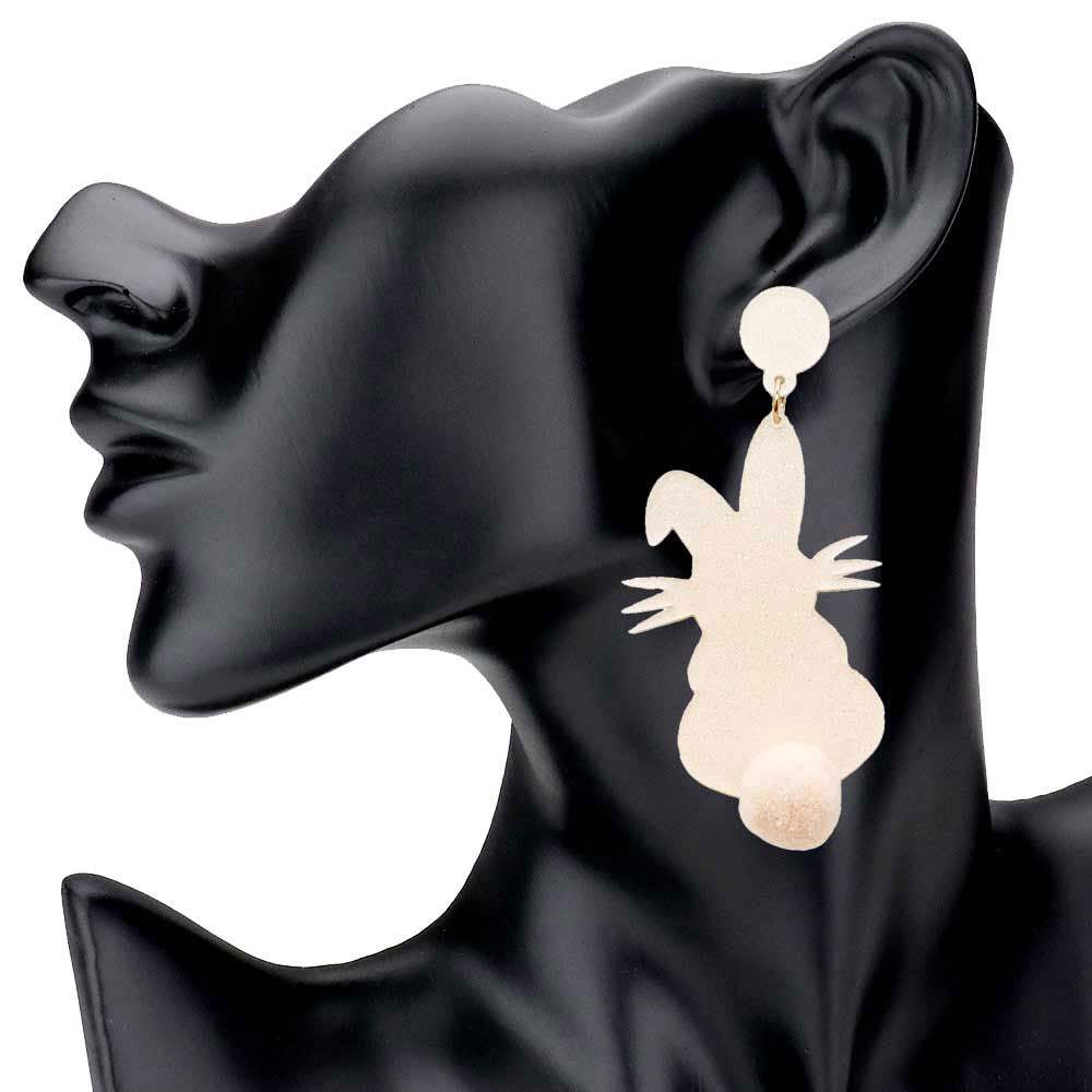 Glittered Resin Easter Bunny Pom Pom Tail Dangle Earrings - Madeline Love - Flyclothing LLC