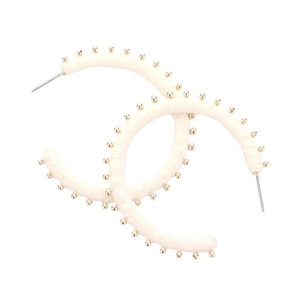 Metal Ball Trimmed Raffia Wrapped Hoop Earrings - Madeline Love - Flyclothing LLC