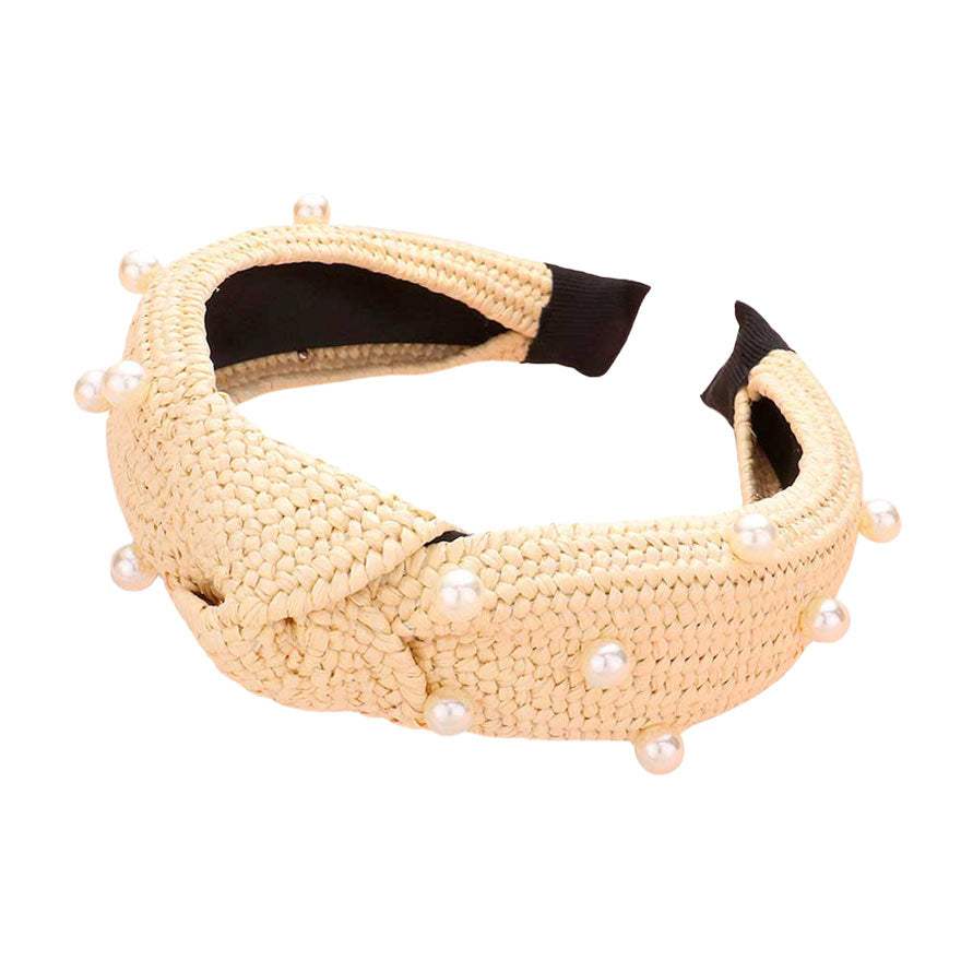 Pearl Embellished Straw Knot Burnout Headband - Madeline Love - Flyclothing LLC