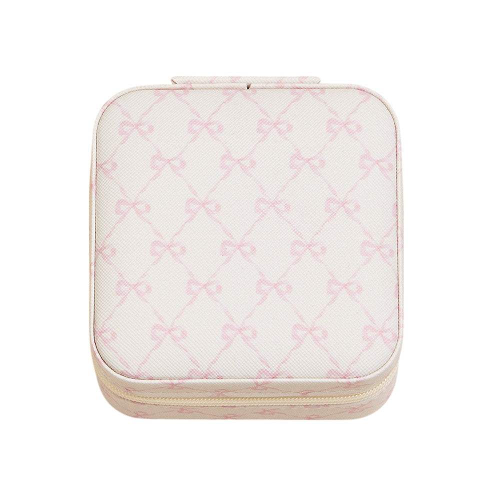 Pink Bow Pattern Portable Square Jewelry Box - Madeline Love - Flyclothing LLC
