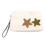 Star Patches Fuzzy Faux Fur Wristlet Clutch Bag - Madeline Love - Flyclothing LLC