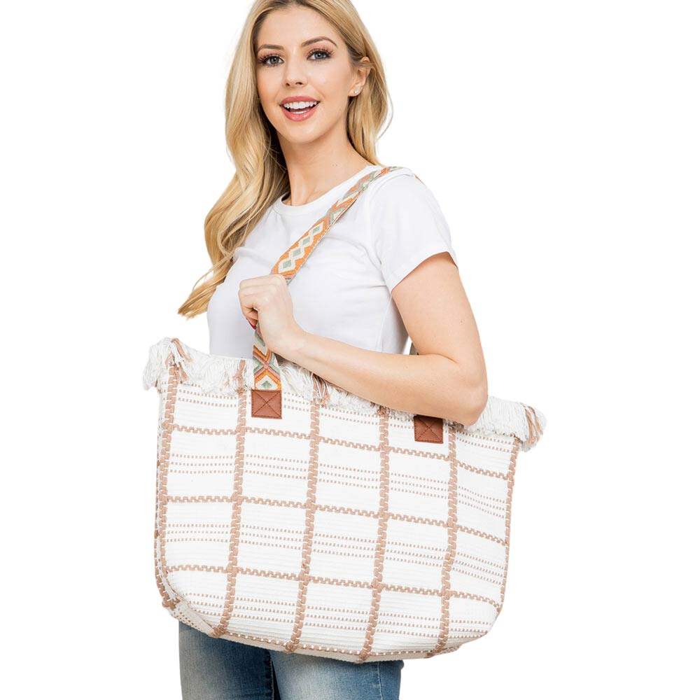 Top Fringe Pointed Check Patterned Tote Bag - Madeline Love - Flyclothing LLC