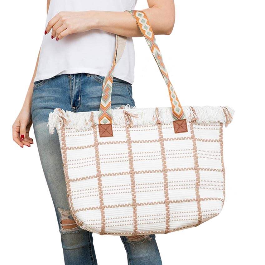 Top Fringe Pointed Check Patterned Tote Bag - Madeline Love - Flyclothing LLC