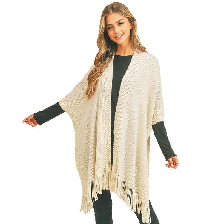 Trim Detail Fringe Kimono Poncho Wrap - Madeline Love - Flyclothing LLC